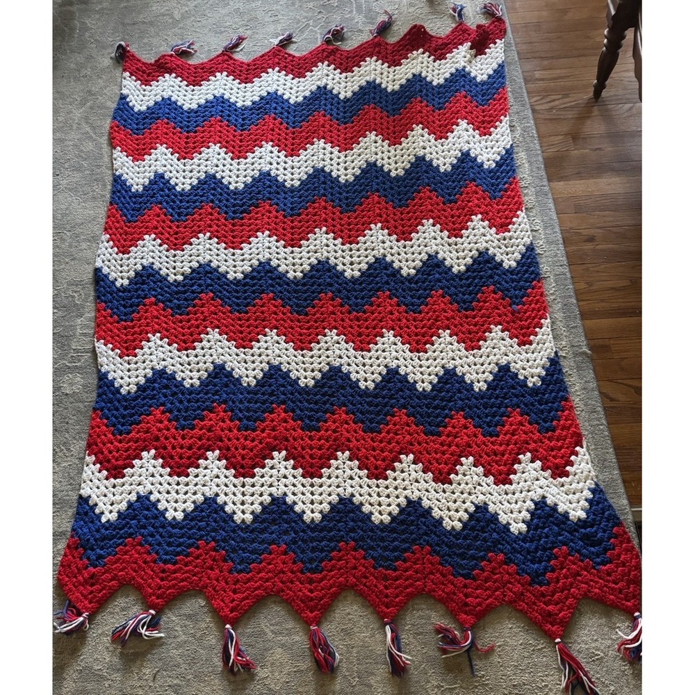 Granny Square Red White Blue Patriotic Hand Crochet Fringe Afghan Blanket 76  46